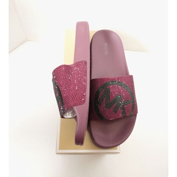 New! MICHAEL KORS Studded MK Logo Gilmore Slide Sandals Shoes Dark Berry - Picture 7 of 9